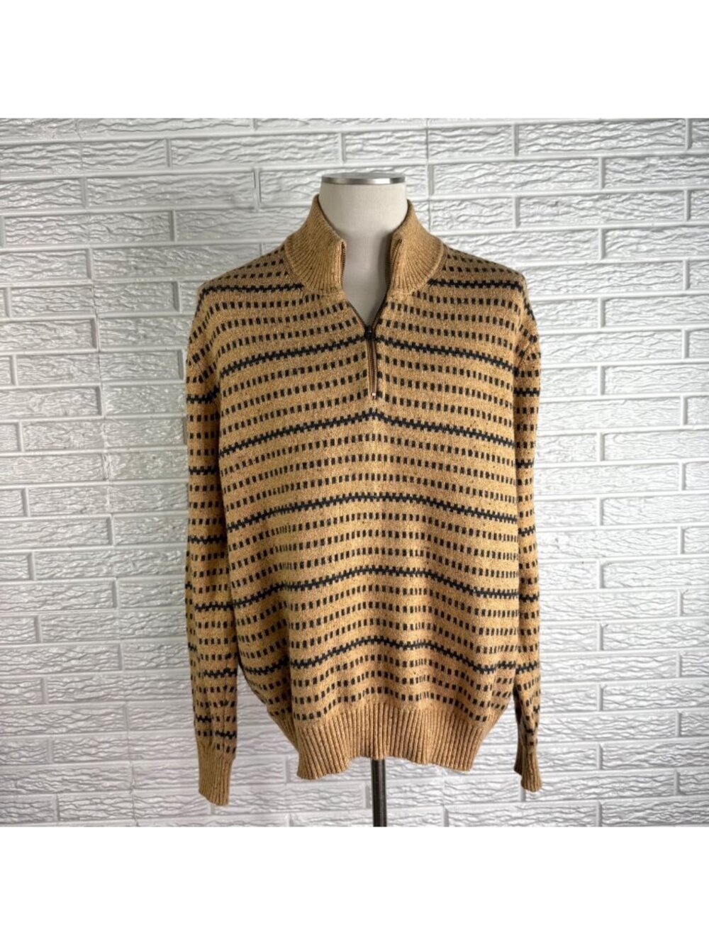 Vintage St Johns Bay Patterned Quarter Zip Mock Neck Sweater Mustard Yellow XXL